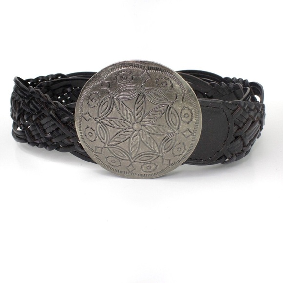 New York & Company Accessories - New York & Co Braided Brown Leather Belt Silver Medallion Buckle